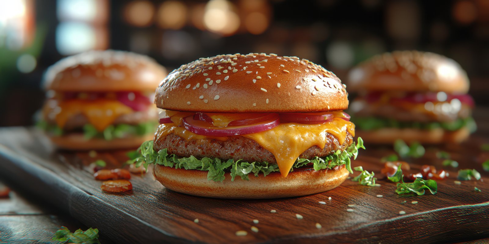 Juicy cheeseburgers served on a wooden platter in a rustic restaurant setting during evening hours